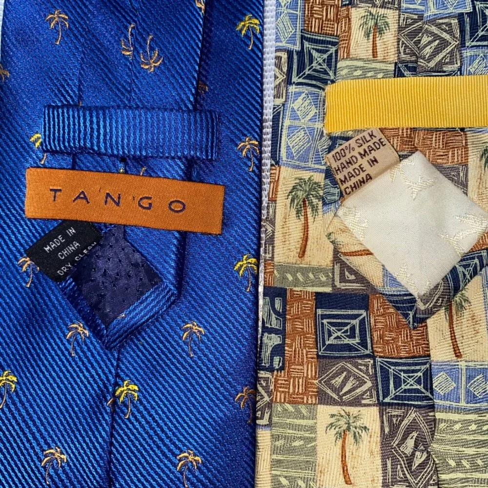 Tango Tommy Bahama Silk Tie Bundle 2pc Blue Palm Tree Patchwork Tropical Vintage